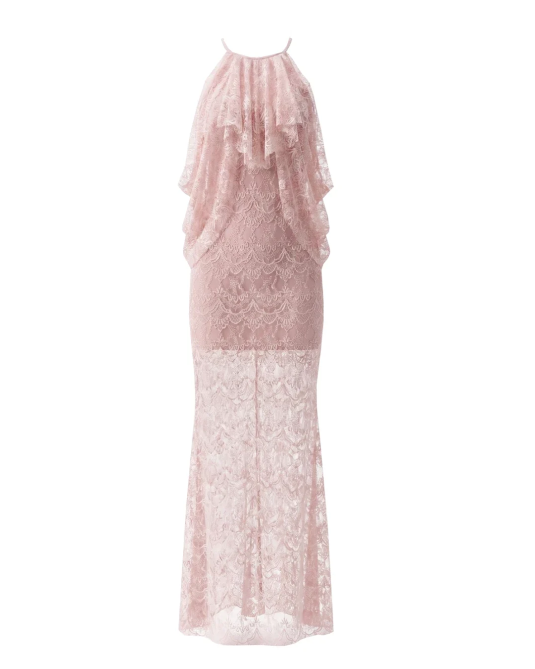 Halter Ruffle Draped Lace Maxi Dress Pink HV3190