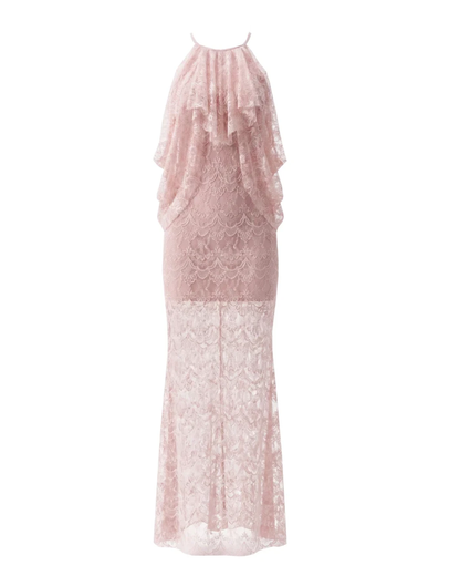 Halter Ruffle Draped Lace Maxi Dress Pink HV3190