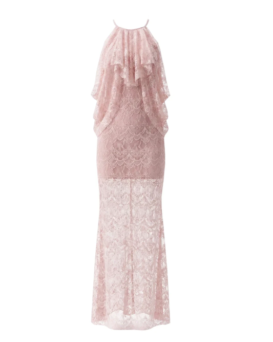 Halter Ruffle Draped Lace Maxi Dress Pink HV3190