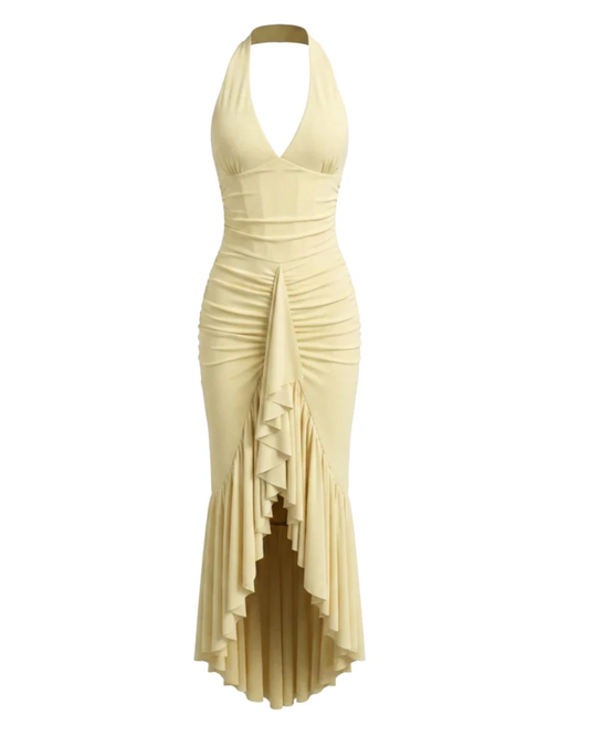 Halter Ruffle Detail Maxi Dress Yellow HV2961