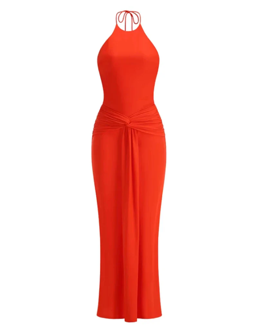 Halter Backless Draped Maxi Dress Coral Red HV2972