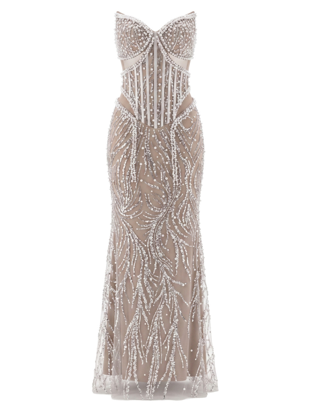 Strapless Pearl Sequin Structured Maxi Dress Nude HV2929