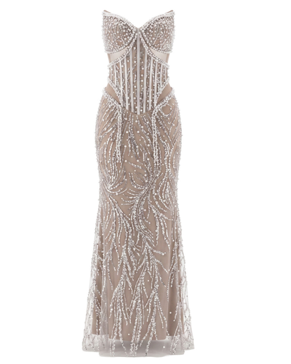 Strapless Pearl Sequin Structured Maxi Dress Nude HV2929