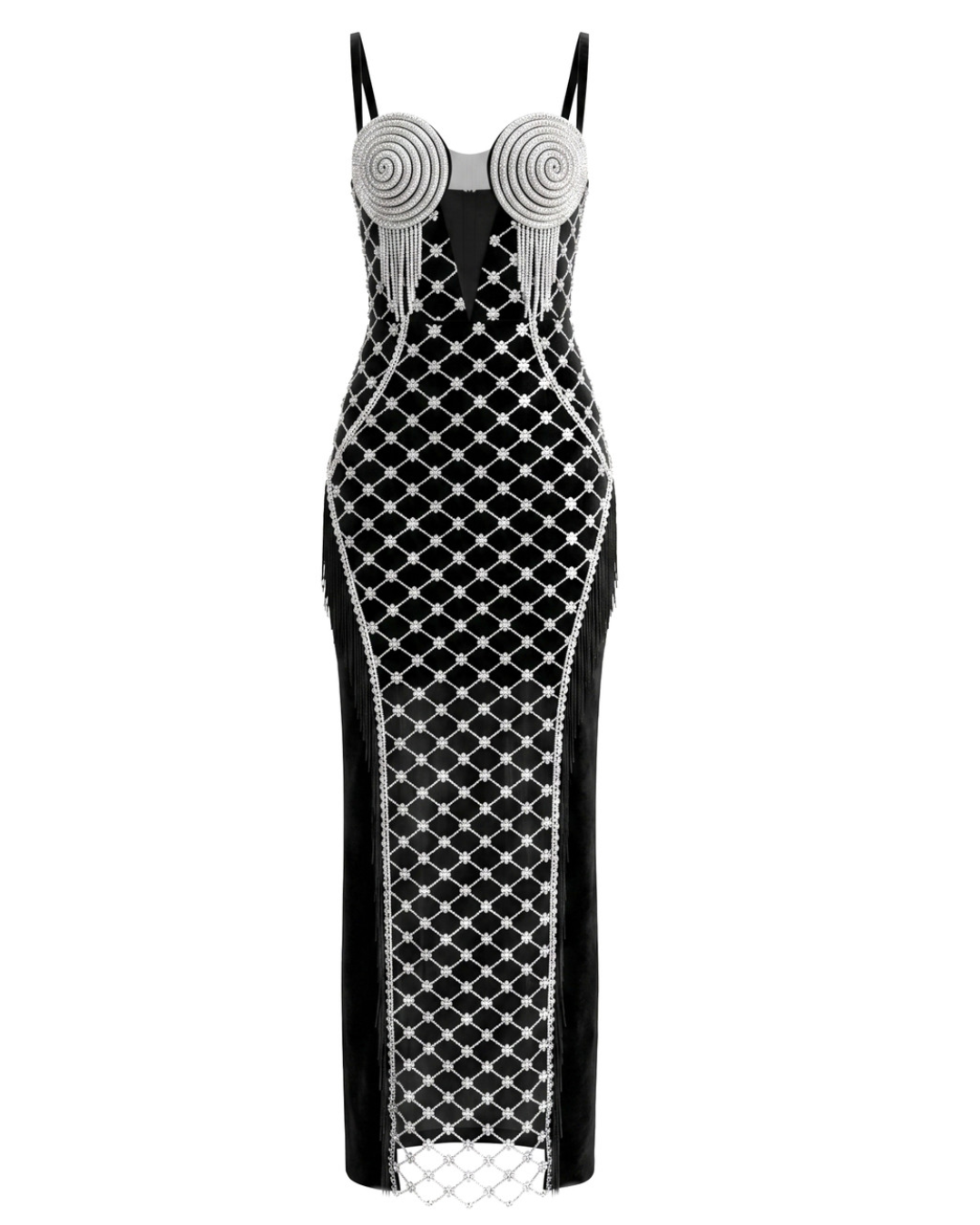 Tassel Bustier Sequin Maxi Dress Black Silver HV2927