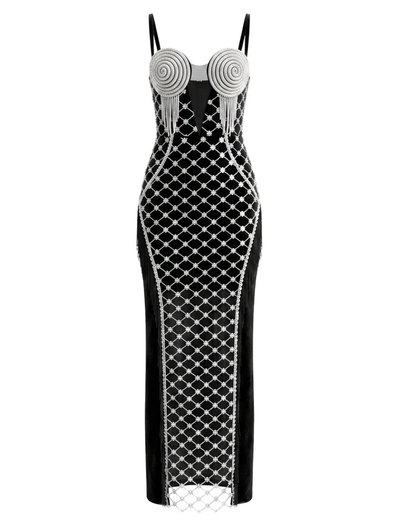 Tassel Bustier Sequin Maxi Dress Black Silver HV2927