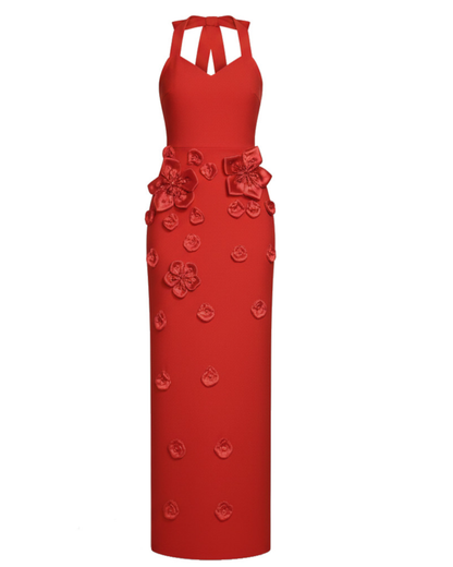 Halter Floral Gloves Maxi Dress Red HV2467