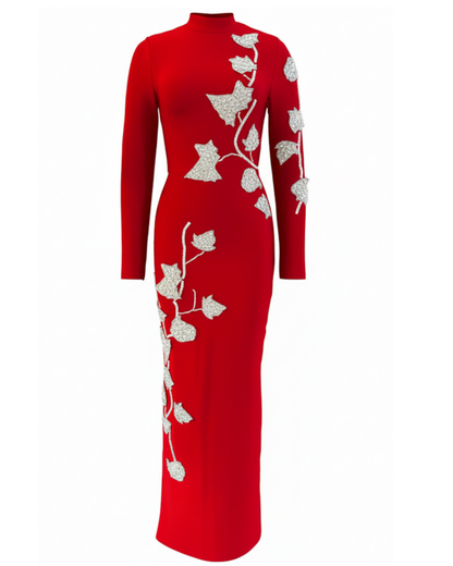 Long Sleeve Floral Crystal Maxi Dress Red HV2646