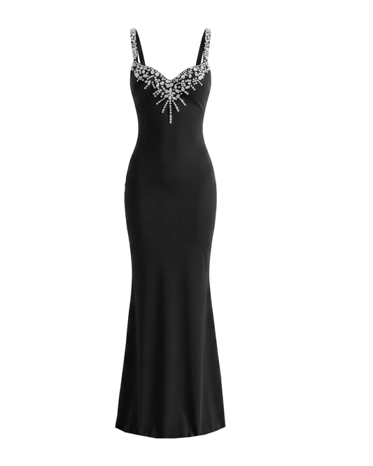 Crystal Embellished Front Maxi Dress Black HV3030