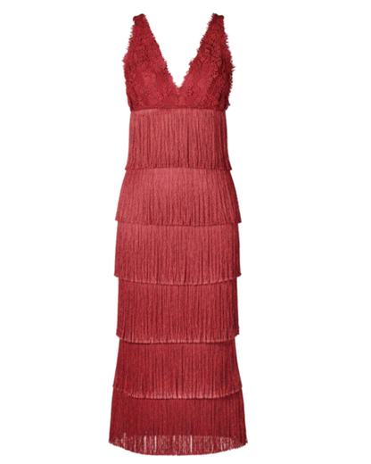 Lace Bustier Tassel Midi Dress Red HV2795