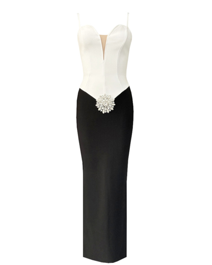 Crystal Floral Detail Maxi Dress Black White HV2352