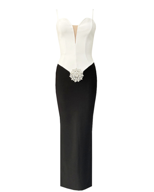 Crystal Floral Detail Maxi Dress Black White HV2352