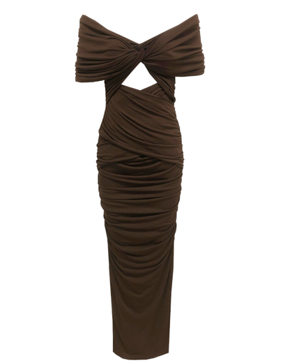 Draped Bardot Maxi Dress Brown HV2354