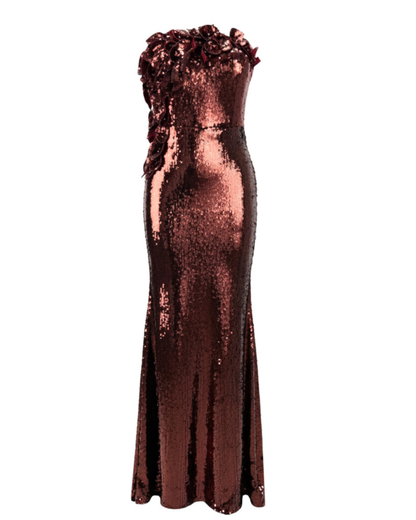 Strapless Sequin Floral Maxi Dress Brown HV2625