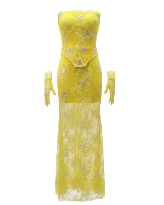 Strapless Embellished Lace Maxi Dress Yellow HV2817