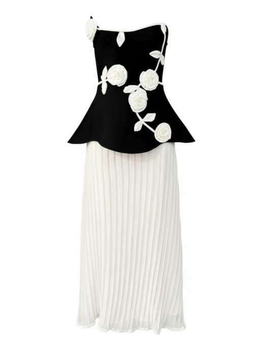 Strapless Floral Peplum Pleated Midi Dress Black White HV2612