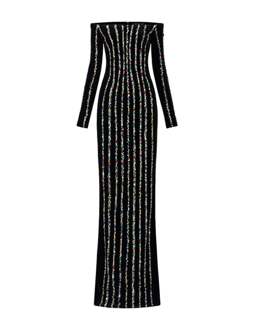 Embellished Long Sleeve Bardot Maxi Dress Black HV3024