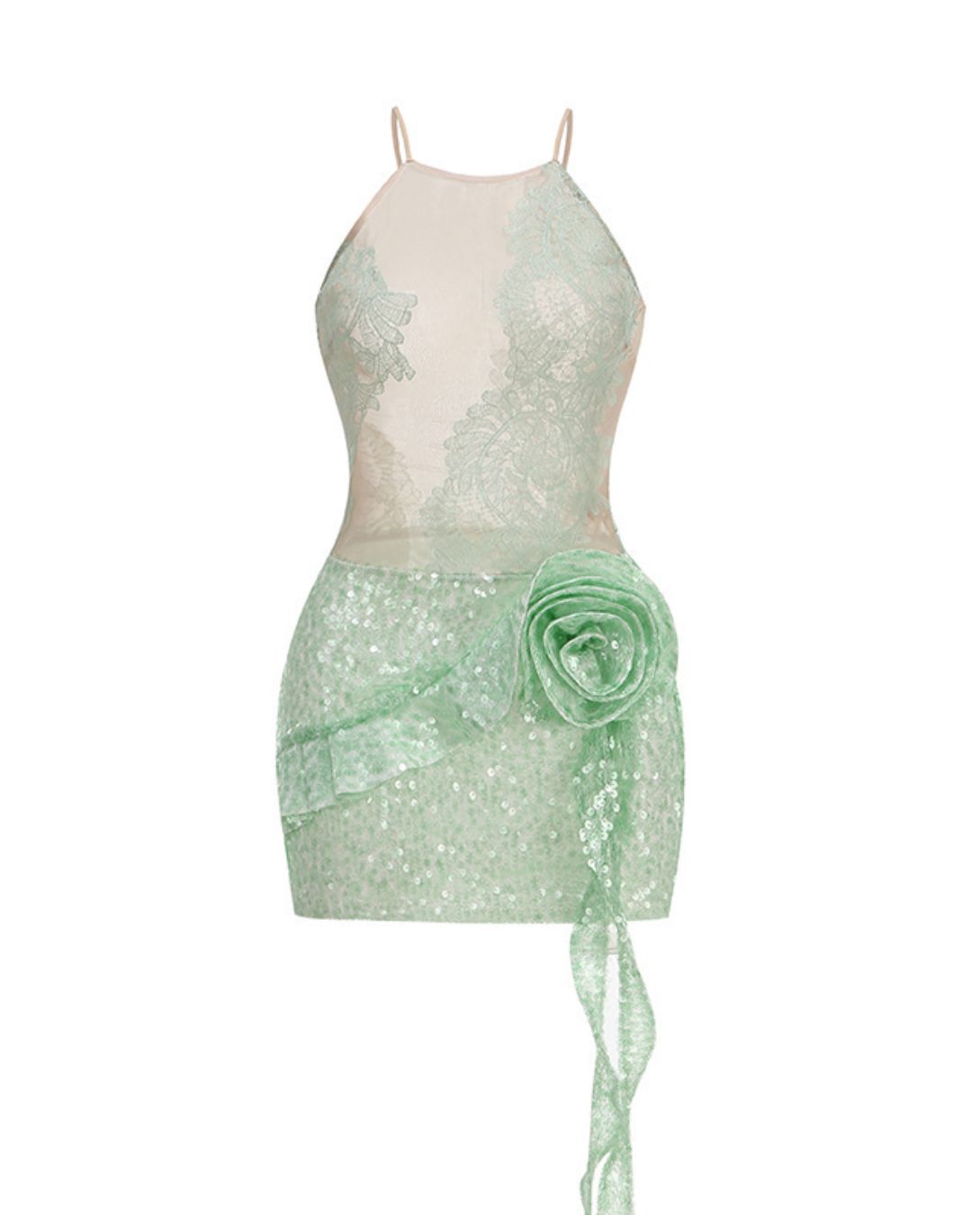 Lace Floral Sequin Dress Green HV2655