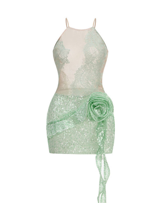 Lace Floral Sequin Dress Green HV2655