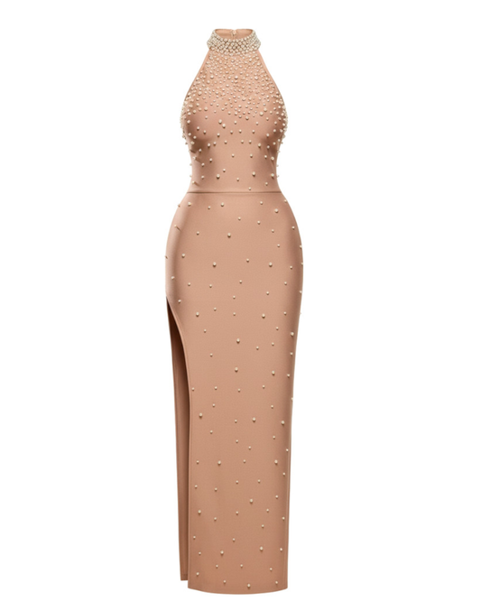 Halter Pearl Embellished Maxi Dress Nude HV2548