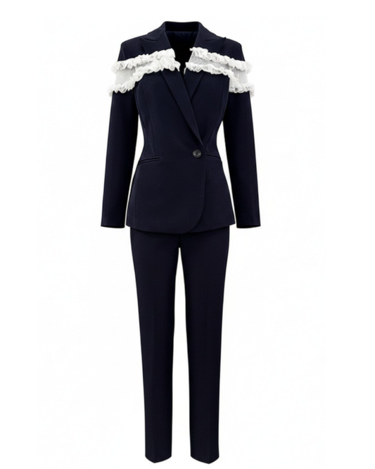 Frayed Ruffle Detail Suit Navy Blue HV2804