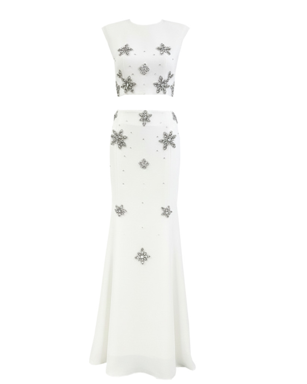 Crystal Flower Detail Two Piece Maxi Dress White HV2710