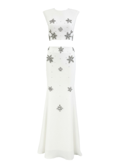 Crystal Flower Detail Two Piece Maxi Dress White HV2710