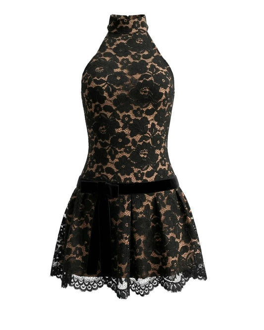 Halter Lace A Line Dress Black HV2840