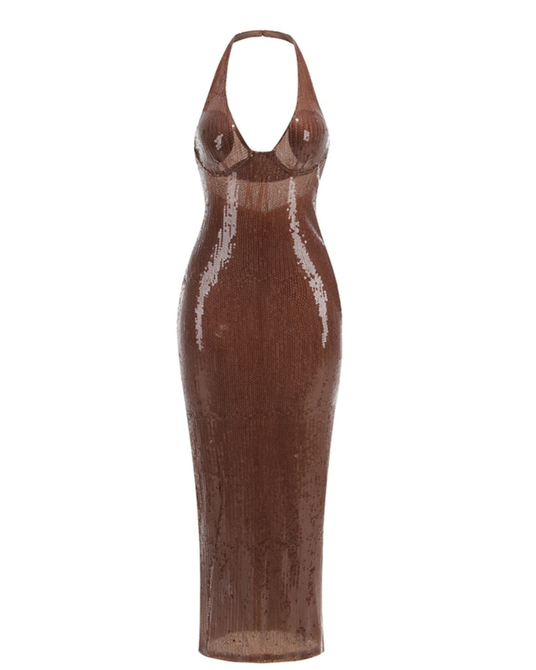 Halter Sequin Maxi Dress Brown HV2390