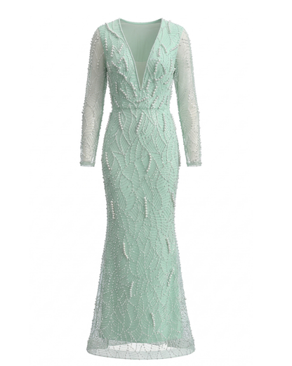 Long Sleeve Pearl Sequin Maxi Dress Green HV2859