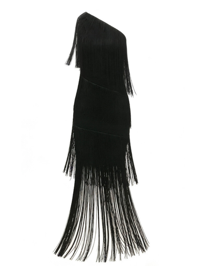 One Shoulder Tassel Maxi Dress Black HV2167