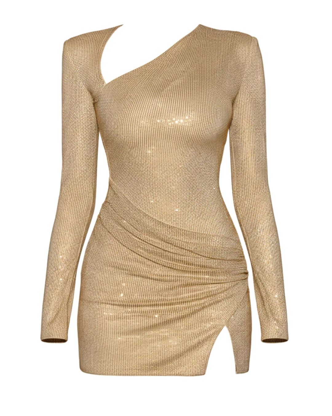 Long Sleeve Draped Sparkly Dress Gold HV2819