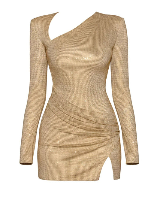 Long Sleeve Draped Sparkly Dress Gold HV2819