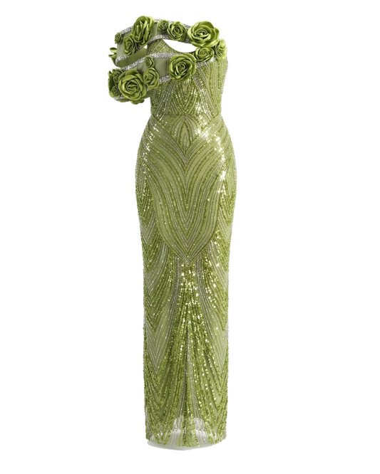 Floral Bardot Sequin Maxi Dress Green HV2400