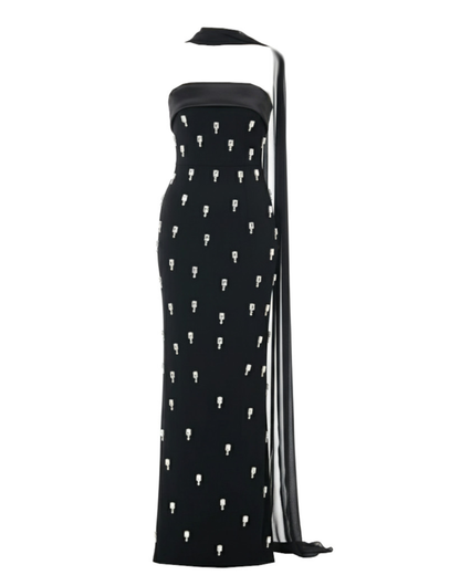 Strapless Crystal Detail Scarf Maxi Dress Black HV2342