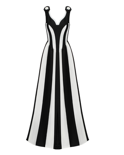 Floral Detail Corset A Line Maxi Dress Black White HV2535