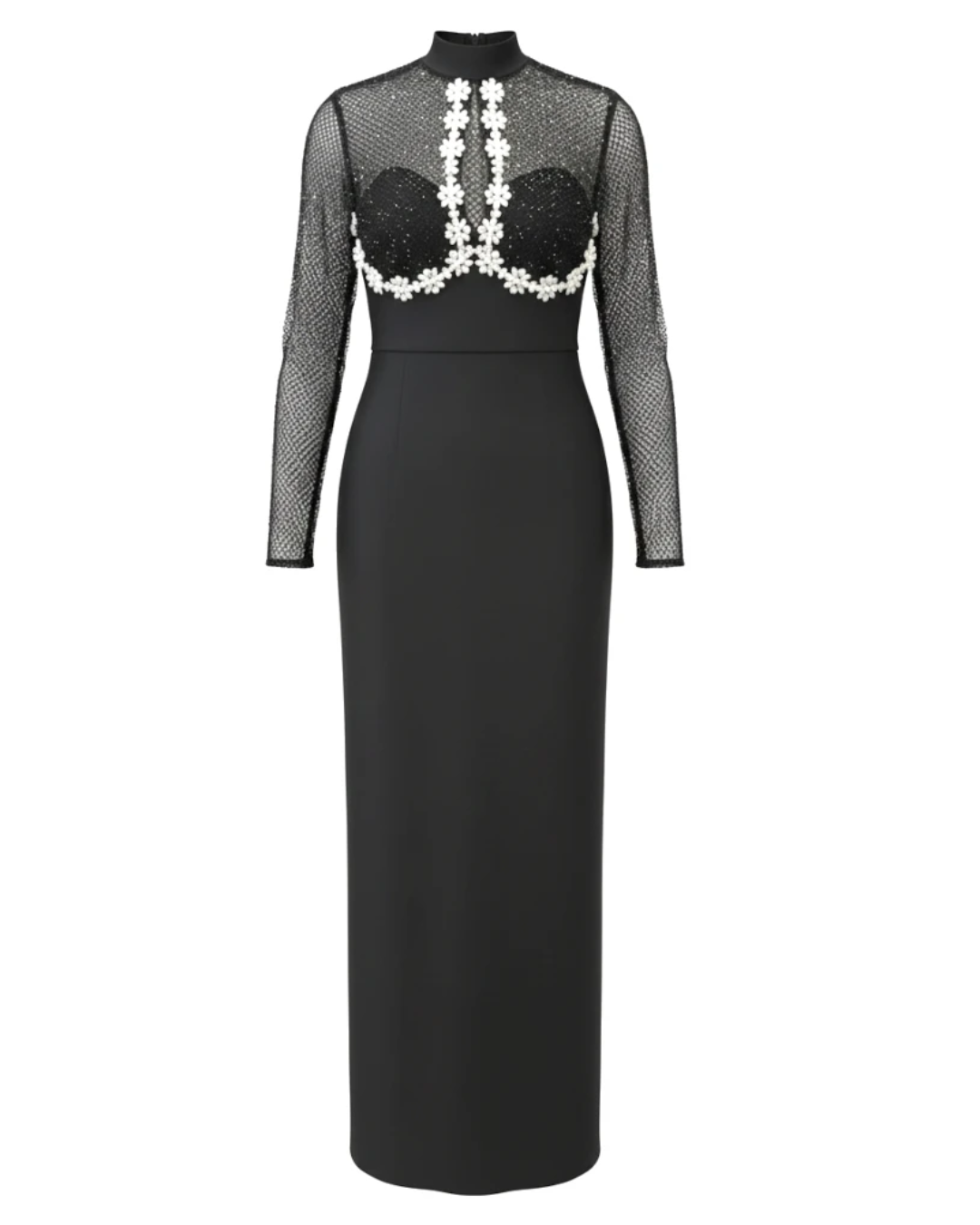 Long Sleeve Crystal Floral Detail Maxi Dress Black HV2842