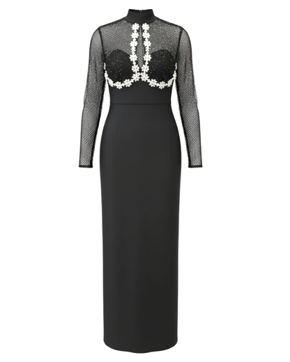 Long Sleeve Crystal Floral Detail Maxi Dress Black HV2842