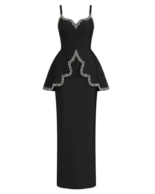 Crystal Trim Peplum Maxi Dress Black HV2670