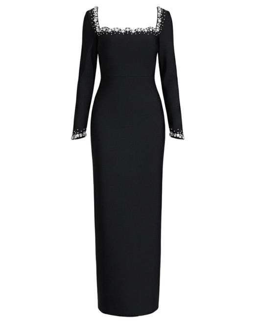 Long Sleeve Crystal Embellished Trim Maxi Dress Black HV2671