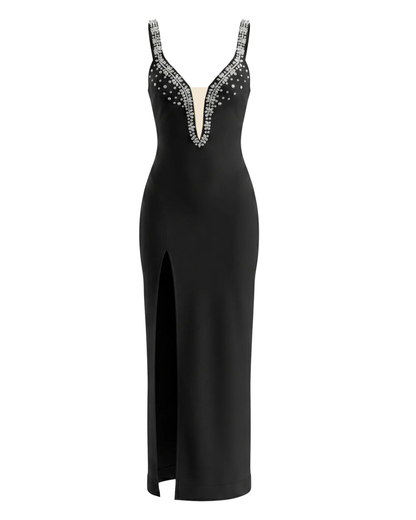 Crystal Embellished V Neck Maxi Dress Black HV3011