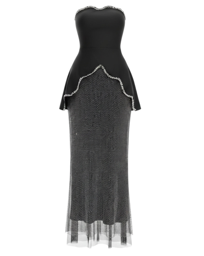 Strapless Crystal Trim Peplum Maxi Dress Gold HV2668