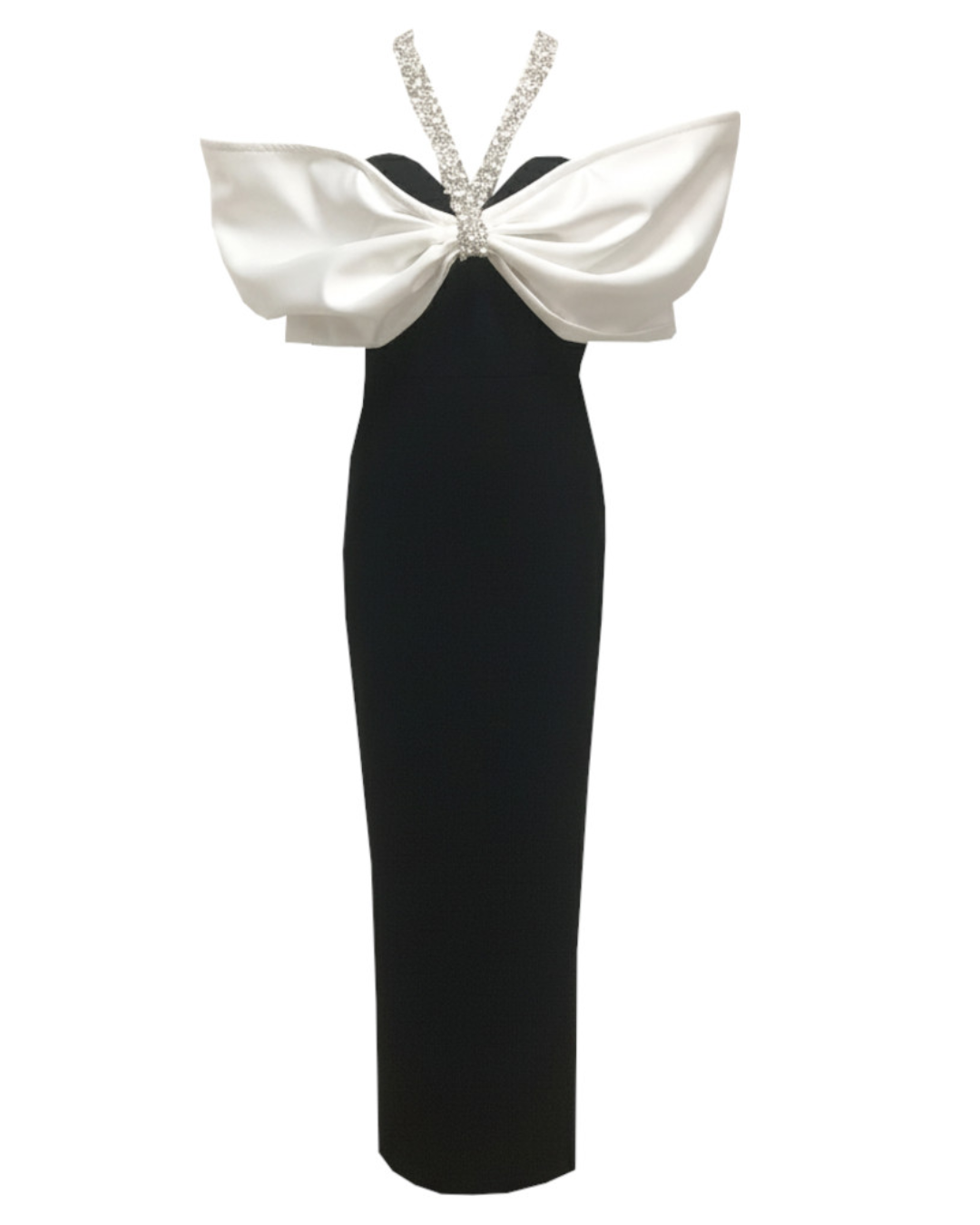 Halter Crystal Bardot Maxi Dress Black White HV2677