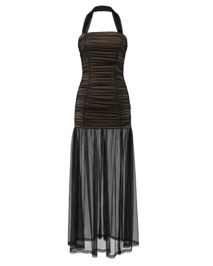Halter Ruched Mesh Maxi Dress Black HV2753