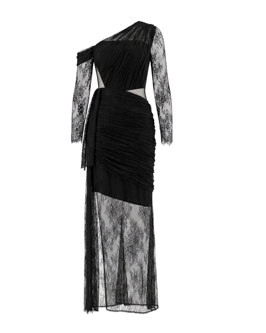 Long Sleeve Draped Lace Maxi Dress Black HV2976