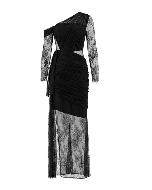 Long Sleeve Draped Lace Maxi Dress Black HV2976