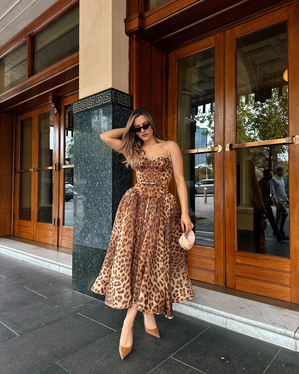 Animal Print Crystal Bustier A Line Midi Dress