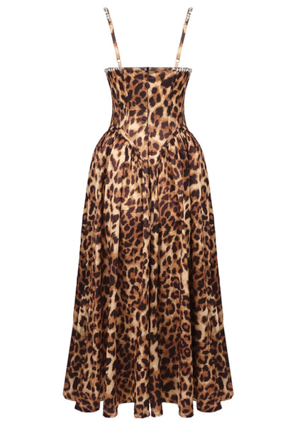 Animal Print Crystal Bustier A Line Midi Dress