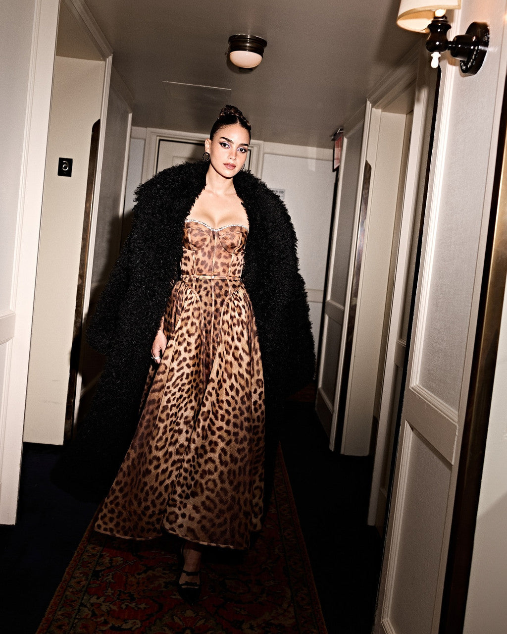 Animal Print Crystal Bustier A Line Midi Dress