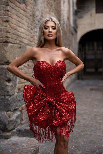 Strapless Sequin Tassel Bow Dress Red HV1190