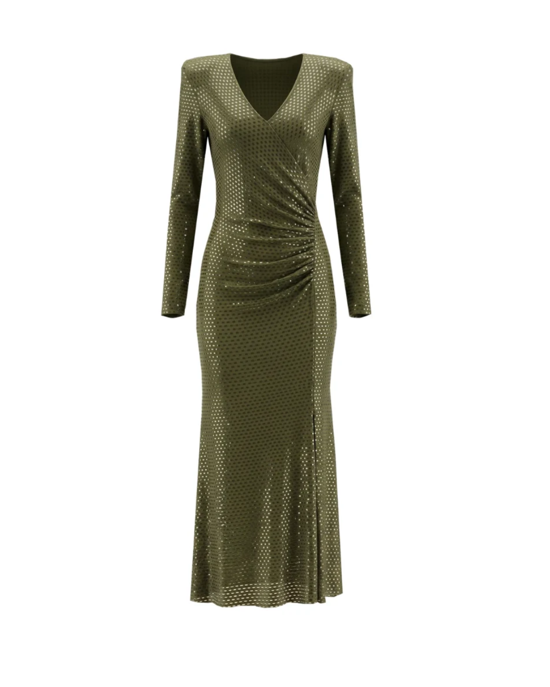 Long Sleeve Embellished A Line Midi Dress Green HV2836